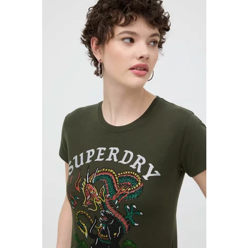 Superdry Pamučna majica za žene, boja: zelena