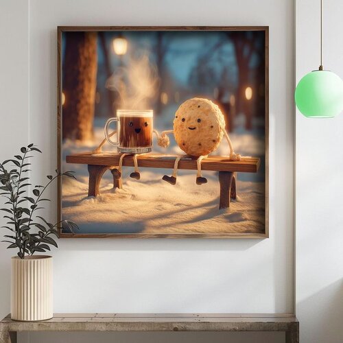 Wallxpert uramljena mdf slika DOS055-70, šolja kakaa i kolačić na klupi u snegu, 70 x 70 cm Cene