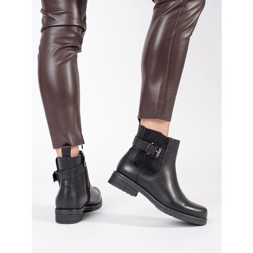 Shelvt Women's black ankle boots with a low-heeled buckle Cene