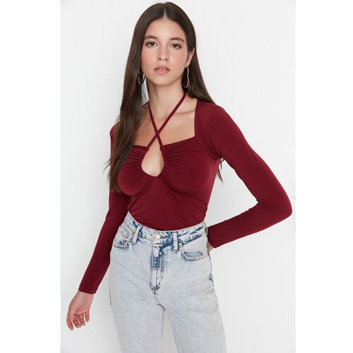 Trendyol Claret Red Collar Detailed Fitted Knitted Blouse Slike