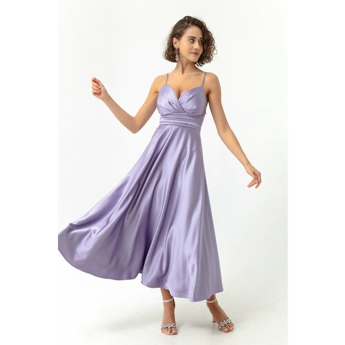 Lafaba Women's Lilac Rope Straps and Waist Belt Satin Midi Evening Dress & Prom Dress Slike