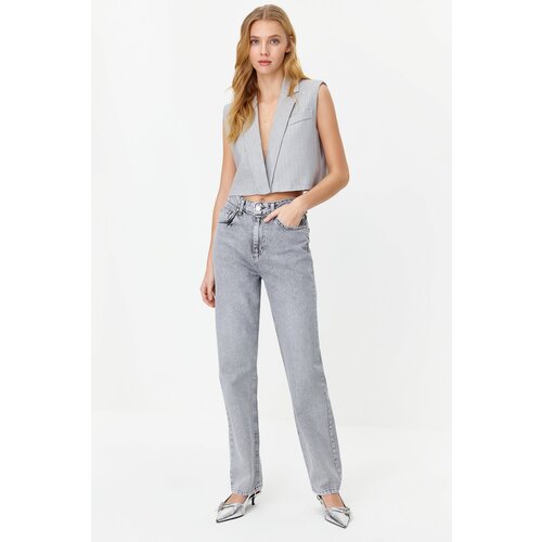 Trendyol Gray High Waist Long Straight Jeans Cene