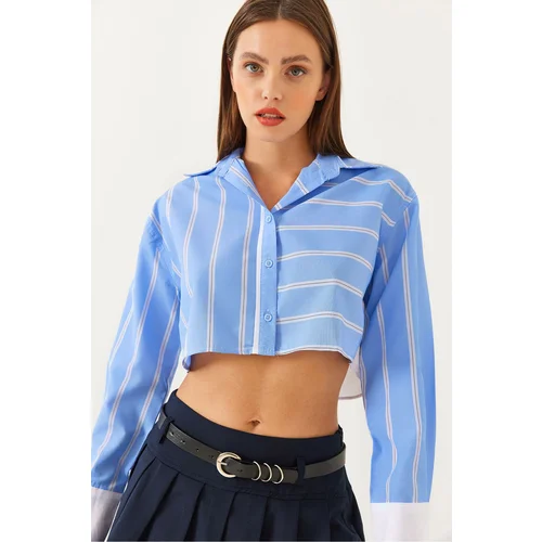 Bianco Lucci Women's Asymmetric Striped Cuff Detail Crop Shirt 4451