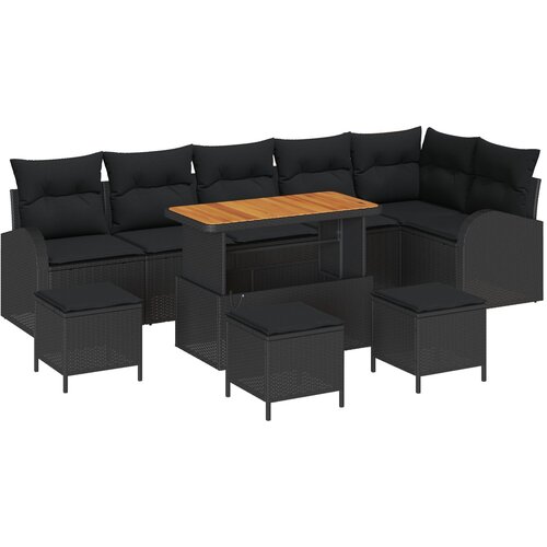 VidaXL 10-delna vrtna sedežna garnitura z blazinami Črna Poli Ratan Akacija, 2-sedežna vrtna sofa s shranjevanjem in blazinami Črna Poli Ratan, 4-delna vrtna jedilna garnitura z blazinami Črna Poli Ratan Akacija Slike