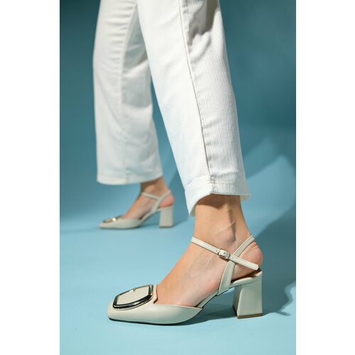LuviShoes TIE Beige Skin Women's Open Back Thick Heeled Shoes Slike