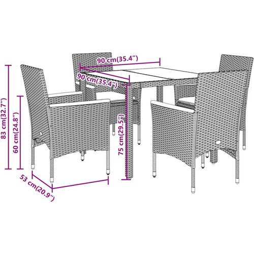  5-dijelni vrtni blagovaonski set s jastucima poliratan i staklo Siva 90 x 90 x 75 cm Slike