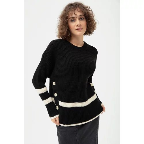 Lafaba Women's Black Striped Side Buttoned Ribbed Knit Sweater