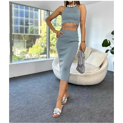 Laluvia Gray Crop Tie Detailed Blouse and Midi Skirt Set