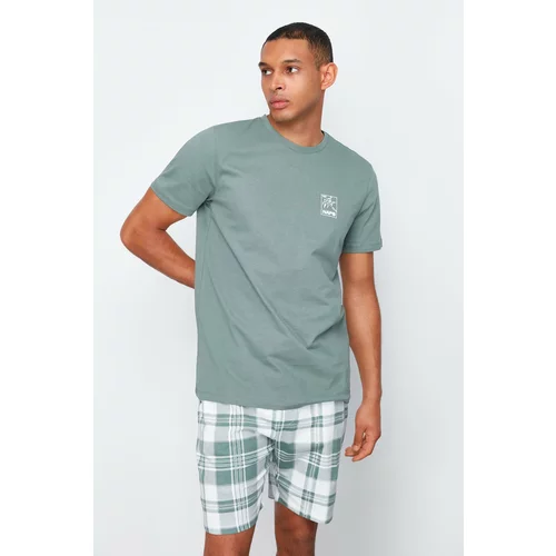 Trendyol Mint Checkered Printed Regular Fit Knitted Pajamas Set