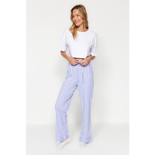 Trendyol White Blue 100% Cotton Striped Knitted Pajamas Bottoms Cene