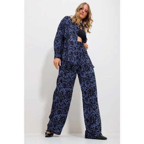 Trend Alaçatı Stili Women's Midnight Blue Patterned Shirt And Trousers Bottom Top Woven Suit Slike