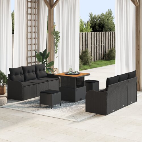 VidaXL set od 9 komada vrtnih sofa s jastucima crni poli ratan akacija, dvosjed za vrt s prostorom za pohranu i jastucima crni poli ratan, set od 3 komada vrtne blagovaonice s jastucima crni poli ratan akacija Slike