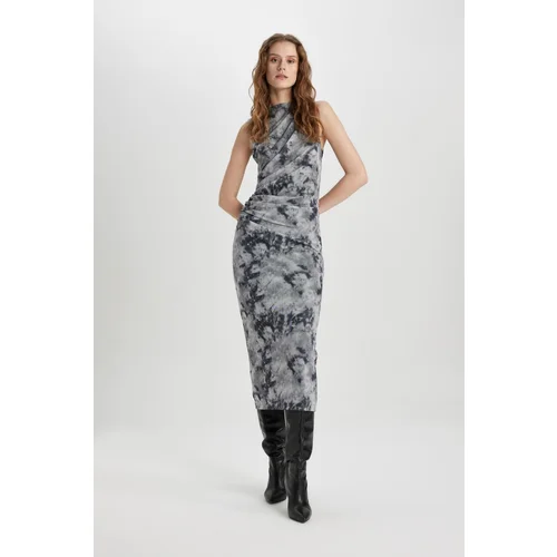 Defacto Bodycon Round Neck Tie-Dye Patterned Tulle Sleeveless Midi Dress