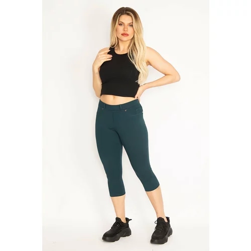 Şans Women's Large Size Green Leggings with Front Decoration and Back Pockets