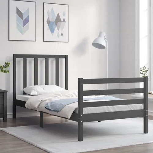vidaXL Posteljni okvir z vzglavjem siv 100x200 cm trden les