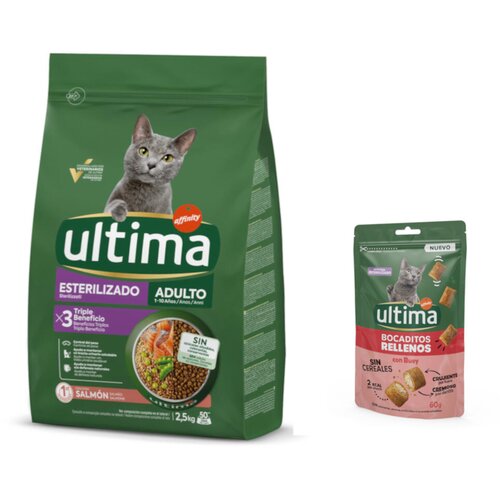  2,5 kg Ultima + 60 g Ultima Snacks punjeni zalogajčići s govedinom gratis! - Sterilized Adult losos Slike