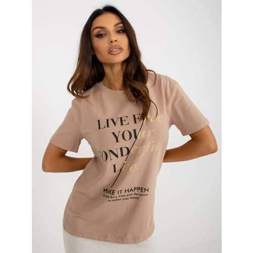 Fashion Hunters Women's dark beige cotton T-shirt with inscriptions Slike
