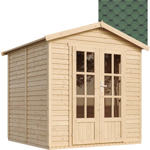 Timbela Lesena vrtna hi&amp;scaron;a - H233x233x222 cm/4 m&amp;sup2; - Vrtna pisarna s podom in bitumenskimi plo&amp;scaron;čicami - M351FB+H351FBGREEN, (21999120) Slike