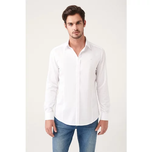 Avva Men's White 100% Cotton Satin Hidden Pocket Slim Fit Slim Fit Shirt