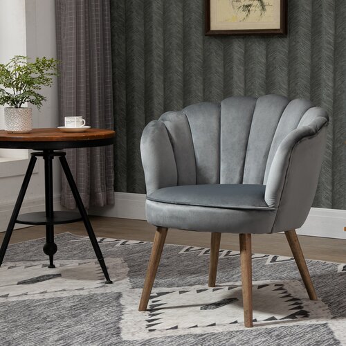 HOMCOM oblazinjen fotelj s školjkastim naslonom in lesenimi nogami, žametni fotelj za dnevno sobo in spalnico, 66 × 72 × 79 cm, siva, (20745053) Cene