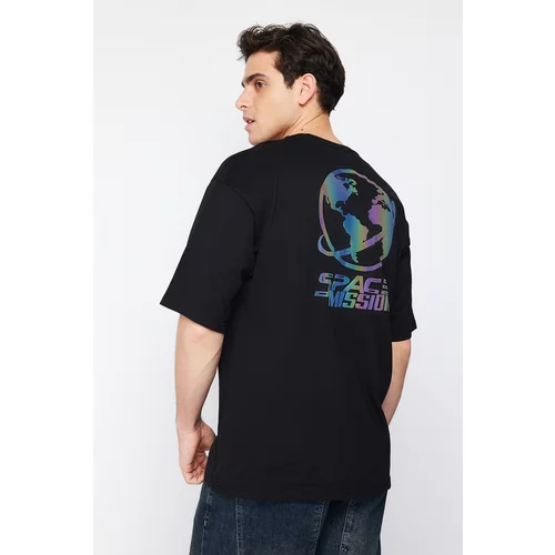 Trendyol Men's Black Oversize/Wide Cut 100% Cotton Back Galaxy Hologram Printed T-shirt