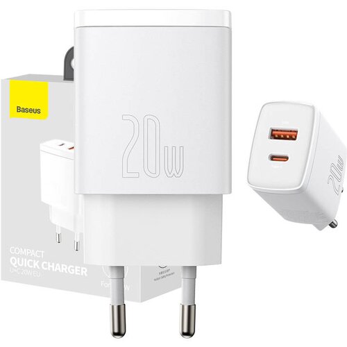 Baseus compact hitri polnilec, usb, usb-c, 20W (bel) Slike