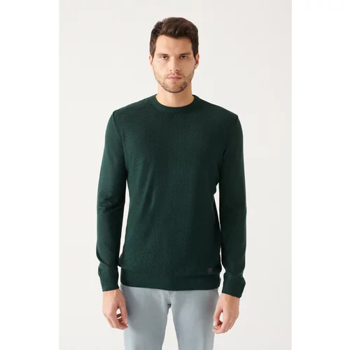 Avva Men's Green Crew Neck Herringbone Patterned Standard Fit Regular Cut Knitwear Sweater