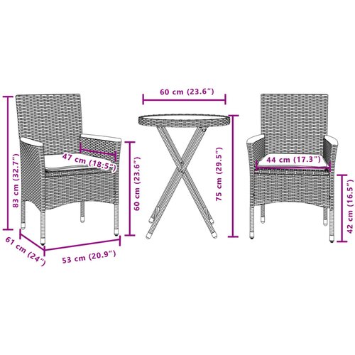  3-dijelni bistro set s jastucima crni od poliratana i stakla Slike