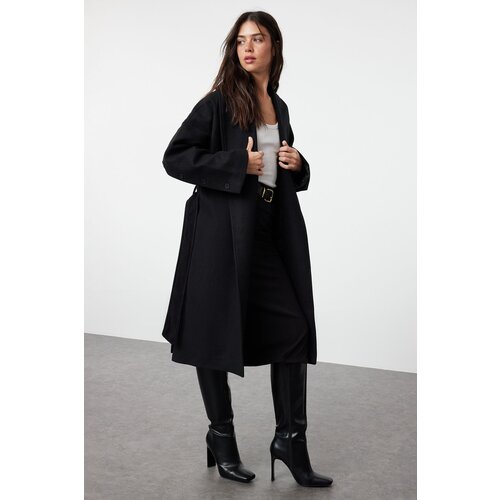 Trendyol Black Button Detailed Slit Oversize Coat Slike