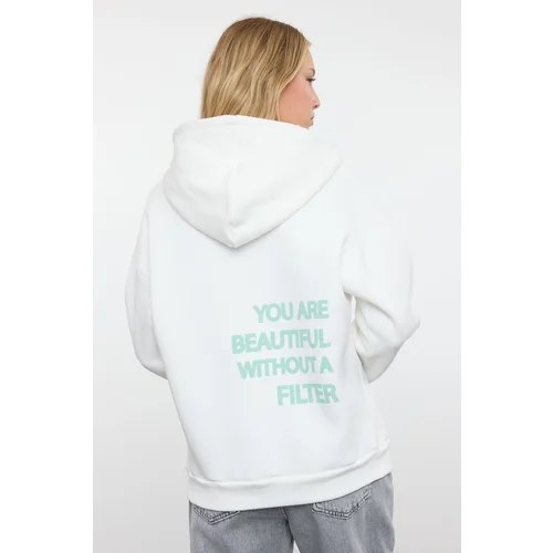 Trendyol Ecru Thick Inside Fleece Back Printed Oversize/Wide Fit Knitted Sweatshirt