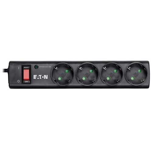 Eaton Protection Strip 4 DIN, 10A, Input: Schuko, Outputs: (4) Schuko; Power Cord Lenght 1m; Over voltage protection; On/Off switch; LED indication; 2yr warranty Slike