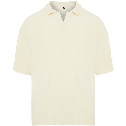 Trendyol Limited Edition Ecru Men's Oversize/Wide Cut Textured Anti-Wrinkle Ottoman Seamless Polo Collar T-Shirt Cene