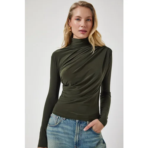  Women's Khaki Gathered Detailed High Neck Sandy Blouse