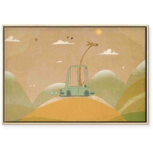  Slika - Dreamy Traveler - A Cheerful Giraffe Driving a Car on a Sunny Day 60x40 U prirodnom drvenom okviru Slike