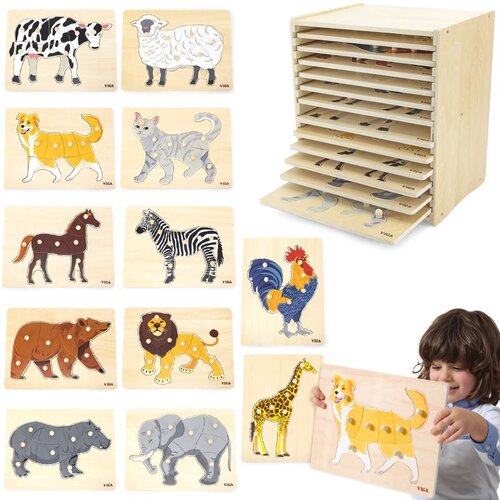 Viga drveni puzzle set od 12 Montessori slagalica sa životinjama + stalak Cene