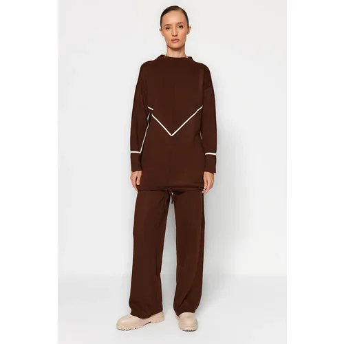 Trendyol Brown Lacing Detail Striped Knitwear Sweater Pants Top-Upper Set