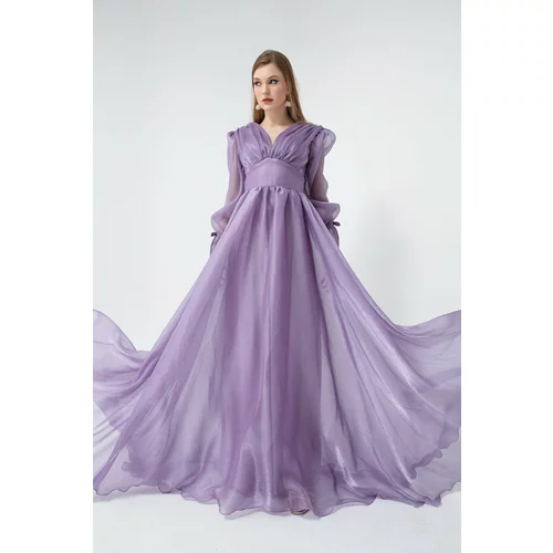 Lafaba Women's Lilac Balloon Sleeve V-neck Long Evening Dress.