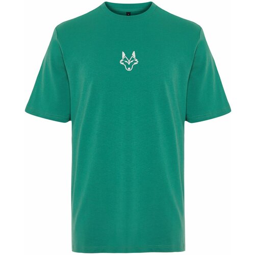 Trendyol Dark Green Regular/Regular Fit Wolf Embroidered 100% Cotton T-Shirt Slike
