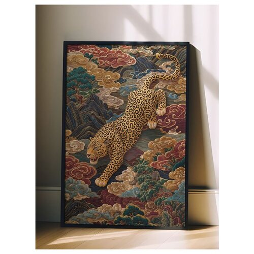 Wallxpert uramljena slika 115247, leopard u skoku među &scaron;arenim oblacima i planinama, 30 x 40 cm, crni ram Cene