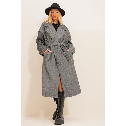 Trend Alaçatı Stili Women's Anthracite Double Pocket Unlined Belted Cashmere Coat Cene