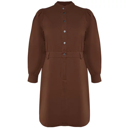 Trendyol Curve Brown Buttoned Woven Gabardine Dress