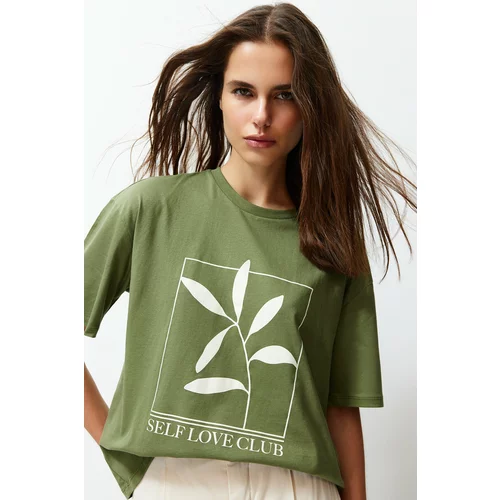 Trendyol Khaki 100% Cotton Printed Relaxed/Wide Relaxed Cut Crew Neck Knitted T-Shirt