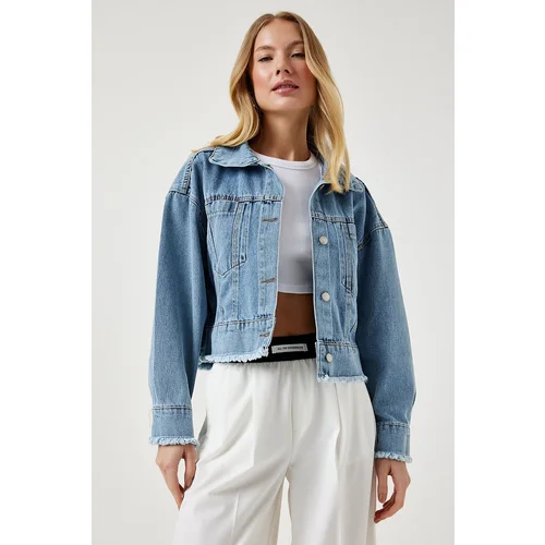  Women's Light Blue Tassel Detailed Pocket Short Denim Jacket