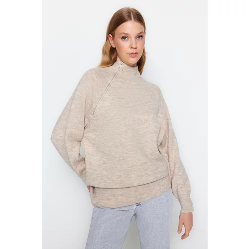 Trendyol Stone Soft Texture Zipper Detailed Knitwear Sweater
