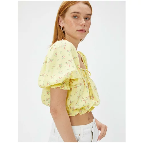 Koton Floral Square Neck Crop Blouse with Balloon Sleeves
