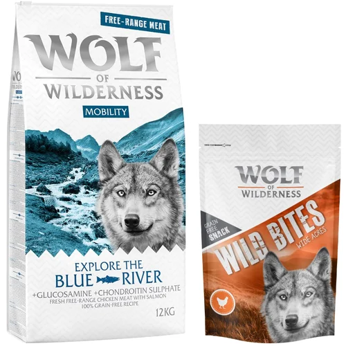 Wolf of Wilderness 12 kg suhe hrane + Snack gratis! - "Explore The Blue River" Mobility - piščanec & losos + Wide Acres - piščanec (monoprotein)