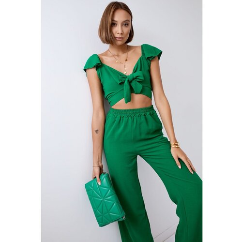 Fasardi Dark green crop top set with wide trousers Slike