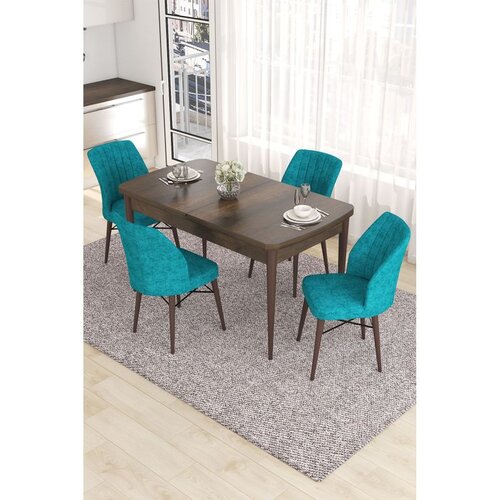 Hanah home trpezarijski set Eva, sto na razvlačenje i 4 stolice, ploča u dekoru drveta Baroque, tirkizna tkanina Babyface Cene