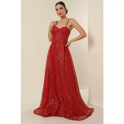 By Saygı Rope Straps Bead Detailed Lined Sequins And Glitter Underwire Long Dress Red