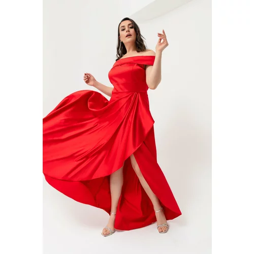 Lafaba Women's Red Boat Collar Plus Size Satin Evening Dress & Prom Dress